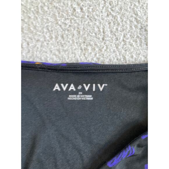 Ava & Viv Top 2X Floral V-Neck Stretch Short Sleeve Flare Blue Black Blouse - Picture 9 of 16